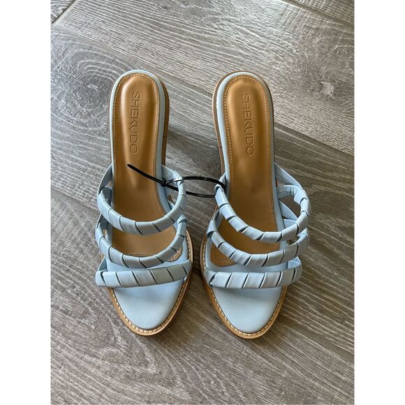SHEKUDO Gordons Bay Leather Heeled Sandals In Baby Blue Size 10 US - Picture 1 of 8